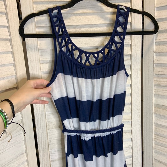 No Boundaries Nautical Blue and White Stripe Caged Neckline Maxi Sundress - Picture 5 of 10